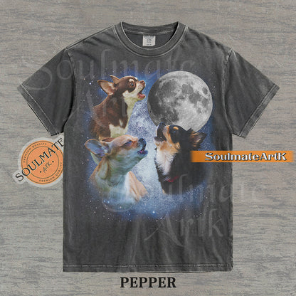 Collage of three Chihuahuas howling in front of a glowing full moon and a starry night sky on a washed pepper shirt.