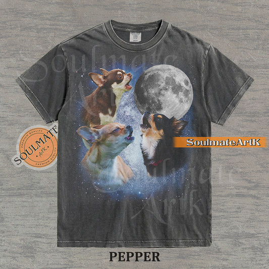 Collage of three Chihuahuas howling in front of a glowing full moon and a starry night sky on a washed pepper shirt.
