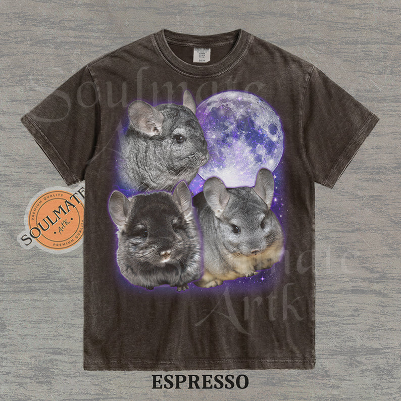 Collage of three grey chinchillas in front of a glowing purple moon and stars on a washed espresso shirt.