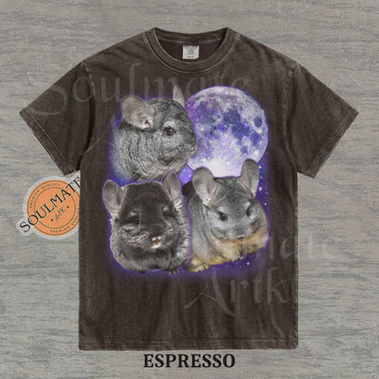 Collage of three grey chinchillas in front of a glowing purple moon and stars on a washed espresso shirt.