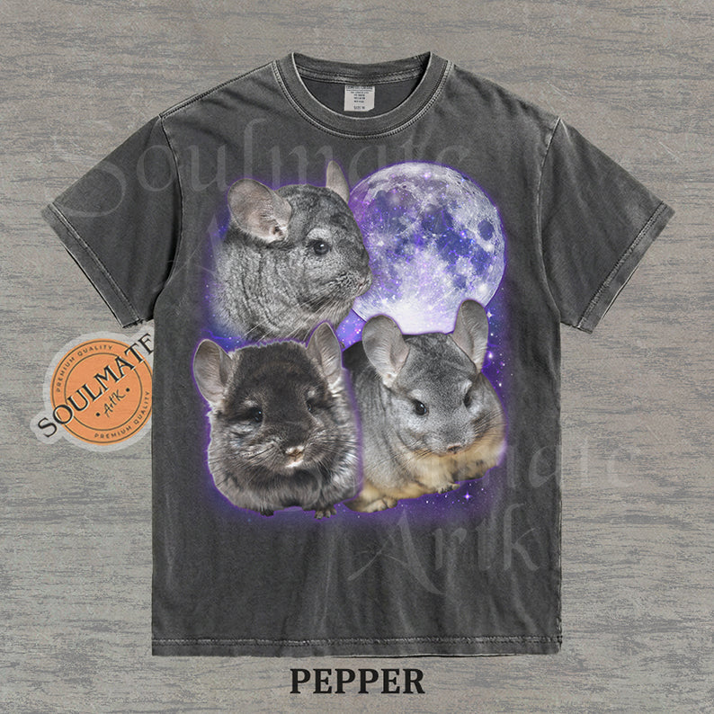 Collage of three grey chinchillas in front of a glowing purple moon and stars on a washed pepper shirt.