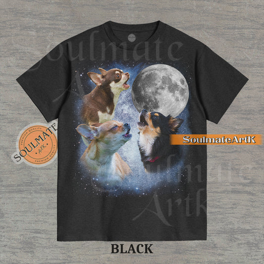A funny parody t-shirt featuring three Chihuahuas howling at a full moon in the style of the vintage Three Wolf Moon shirt. A retro, ironic graphic for dog lovers.
