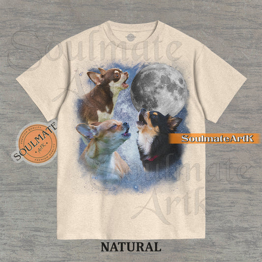 A funny parody t-shirt featuring three Chihuahuas howling at a full moon in the style of the vintage Three Wolf Moon shirt. A retro, ironic graphic for dog lovers.