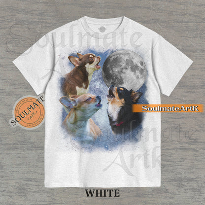 A funny parody t-shirt featuring three Chihuahuas howling at a full moon in the style of the vintage Three Wolf Moon shirt. A retro, ironic graphic for dog lovers.
