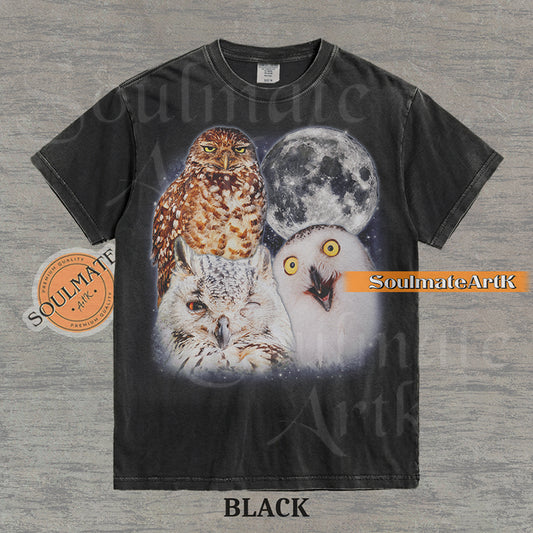 Detailed nature graphic of three different owls next to a large full moon in a starry night sky on a washed black t-shirt.