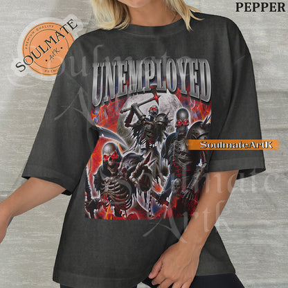 Graphic collage of armored skeletons with red eyes and weapons surrounded by flames and a moon with bold chrome text reading UNEMPLOYED on a washed pepper shirt.