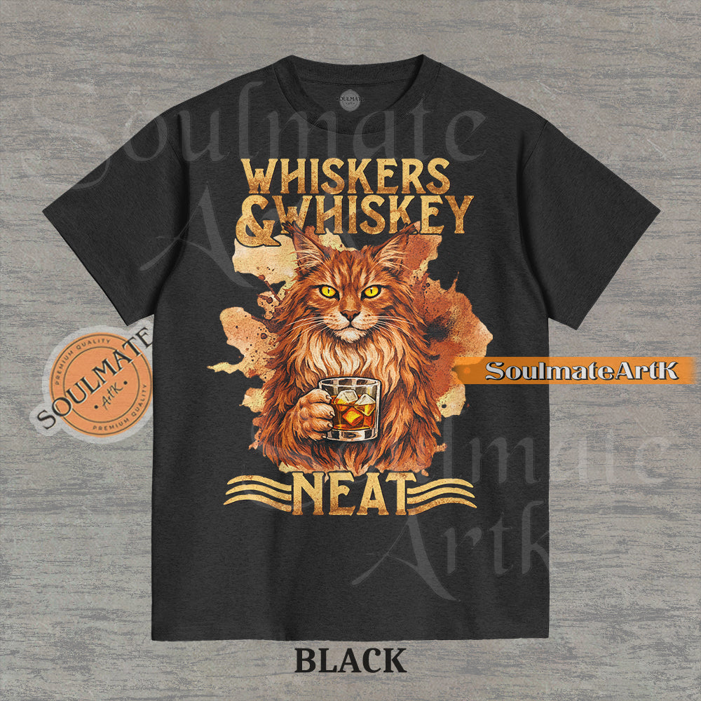 A funny t-shirt graphic of a cat sitting at a bar with a glass of whiskey. The text reads "Whiskers & Whiskey Neat" in a vintage, sophisticated font. An ironic meme for cat and whiskey lovers.