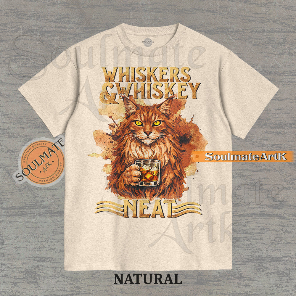 A funny t-shirt graphic of a cat sitting at a bar with a glass of whiskey. The text reads "Whiskers & Whiskey Neat" in a vintage, sophisticated font. An ironic meme for cat and whiskey lovers.