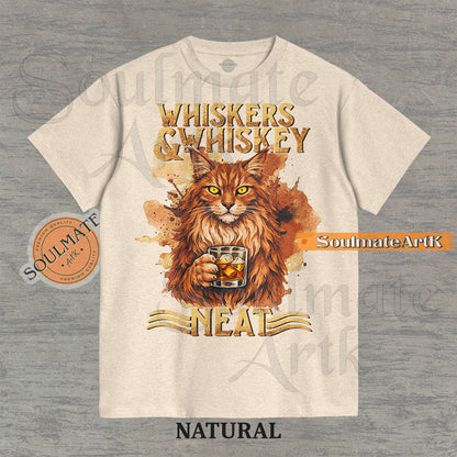 A funny t-shirt graphic of a cat sitting at a bar with a glass of whiskey. The text reads "Whiskers & Whiskey Neat" in a vintage, sophisticated font. An ironic meme for cat and whiskey lovers.