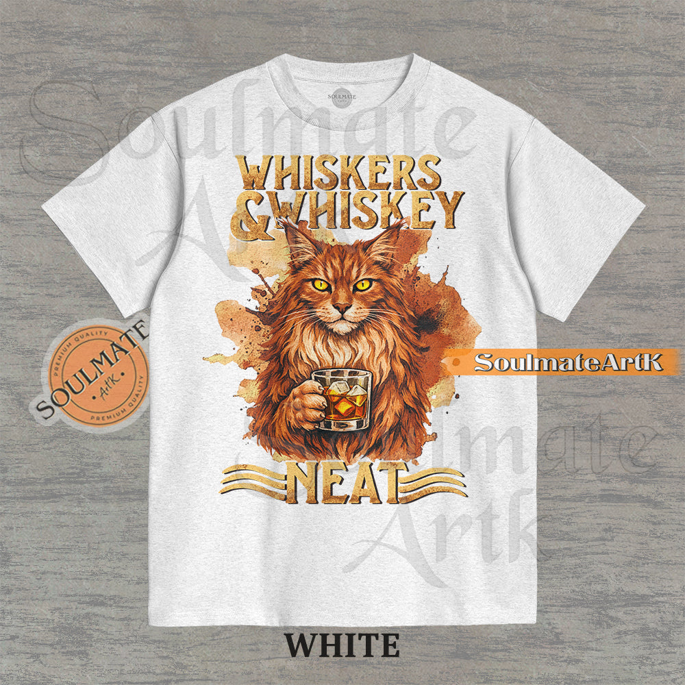 A funny t-shirt graphic of a cat sitting at a bar with a glass of whiskey. The text reads "Whiskers & Whiskey Neat" in a vintage, sophisticated font. An ironic meme for cat and whiskey lovers.