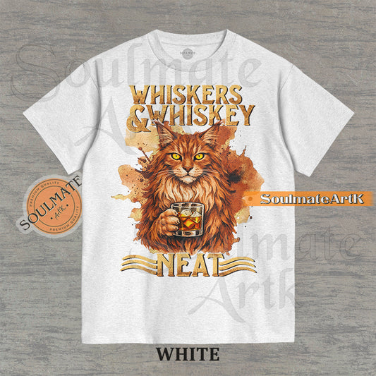 A funny t-shirt graphic of a cat sitting at a bar with a glass of whiskey. The text reads "Whiskers & Whiskey Neat" in a vintage, sophisticated font. An ironic meme for cat and whiskey lovers.