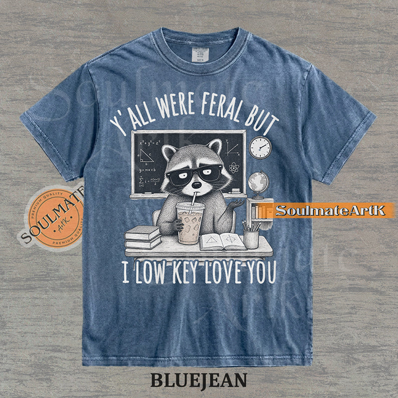 Hand-drawn illustration of a raccoon teacher at a desk with coffee and books under text reading "Y'all Were Feral But I Low Key Love You" on a washed bluejean shirt.