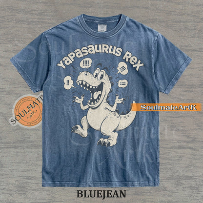 A funny t-shirt featuring a T-Rex dinosaur with the text "Yapasaurus Rex." A hilarious meme graphic for people who talk too much, in a vintage-style illustration.